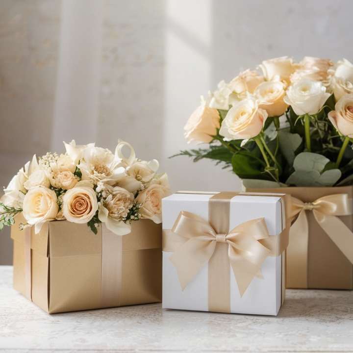 Поздравительный букет из роз и пастельных цветов, элегантная композиция с подарочными коробками в золотистой и белой бумаге с бантами